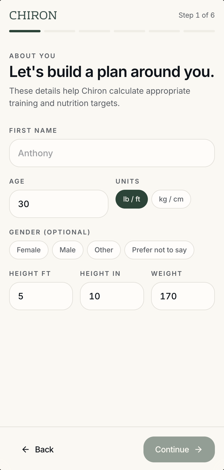 Personal information step: age, units, optional gender, height, and weight