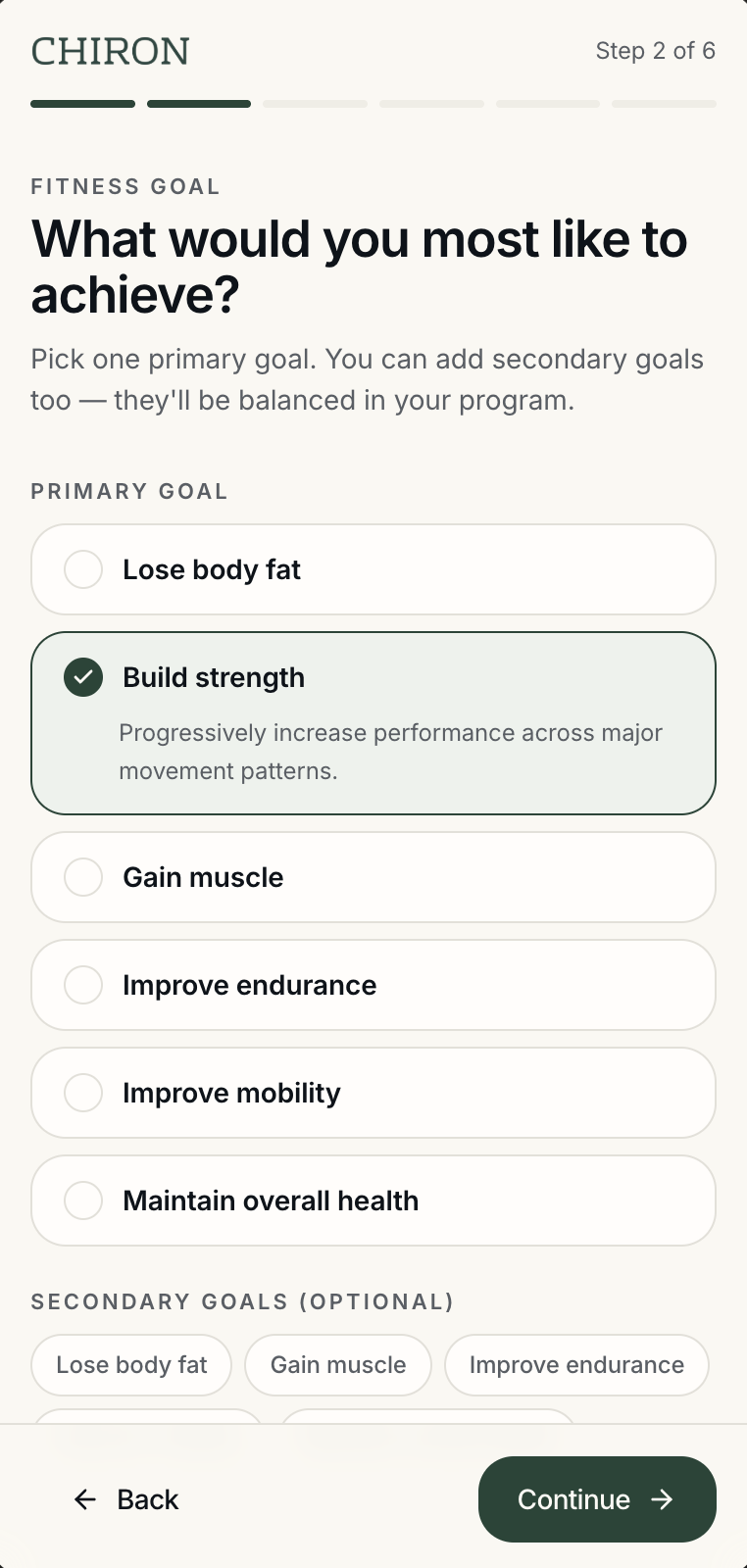 Chiron onboarding: goal selection with Build strength chosen as the primary goal