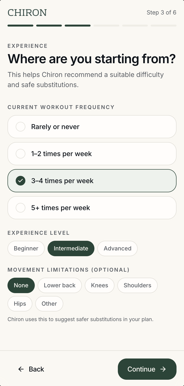 Experience step: workout frequency, experience level, and optional movement limitations