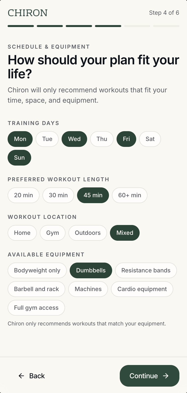 Schedule and equipment step: training days, workout length, location, and available equipment