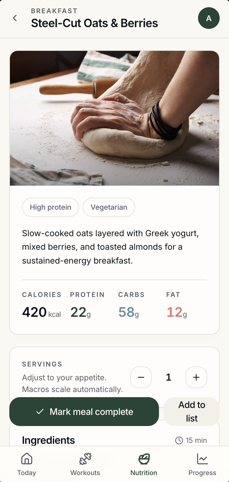 Recipe detail: dietary tags, calorie and macro facts, and serving adjustment with automatic macro scaling