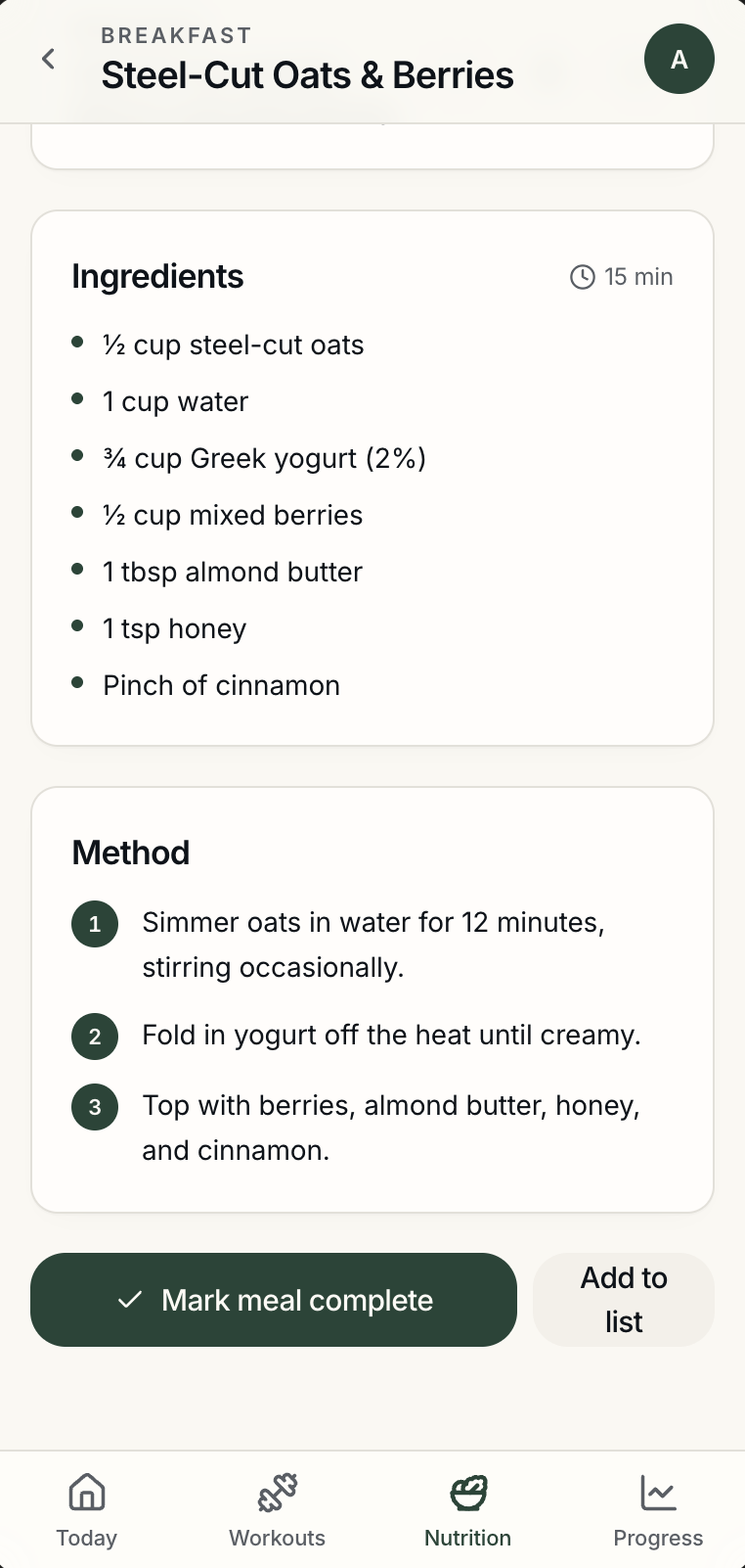 Recipe ingredients and method, with Mark meal complete and Add to list actions