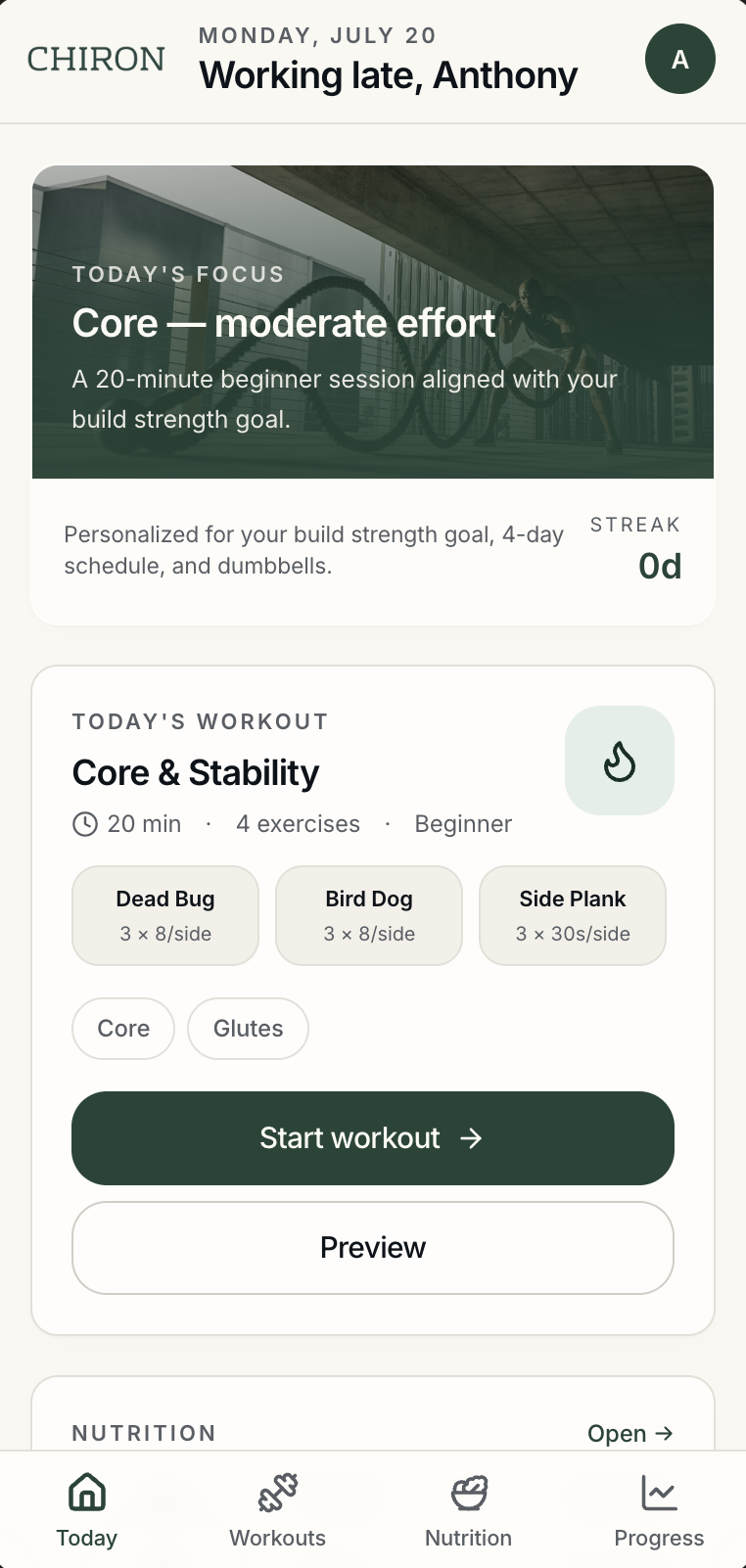 Chiron Today dashboard with today's focus and workout