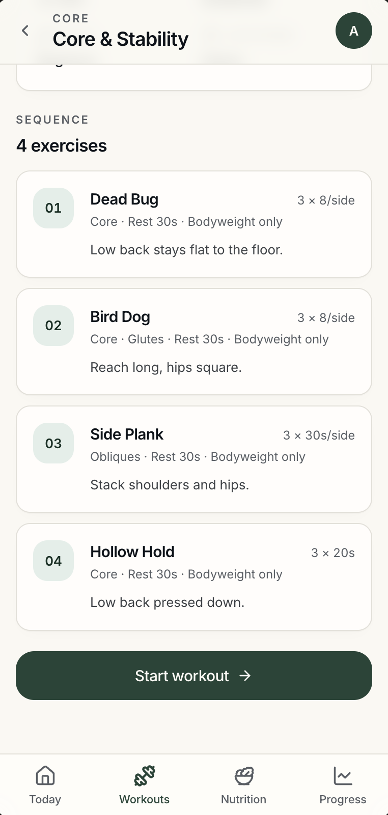 Exercise sequence: numbered exercise cards with sets, reps, rest, equipment, and short form cues, above Start workout