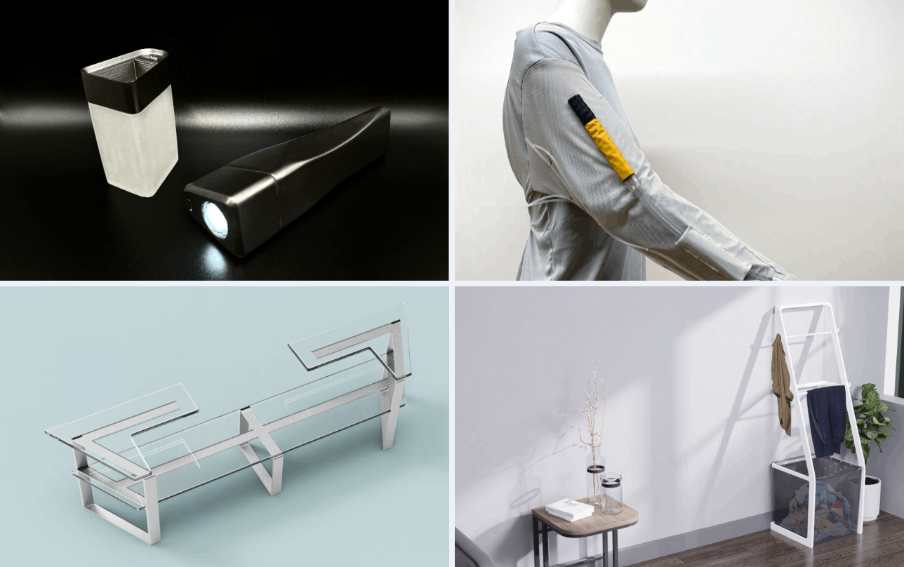 Industrial design collage: Lumineo flashlight lamp, LCVG sleeve prototype, Mediator bench render, and Laundra lifestyle render