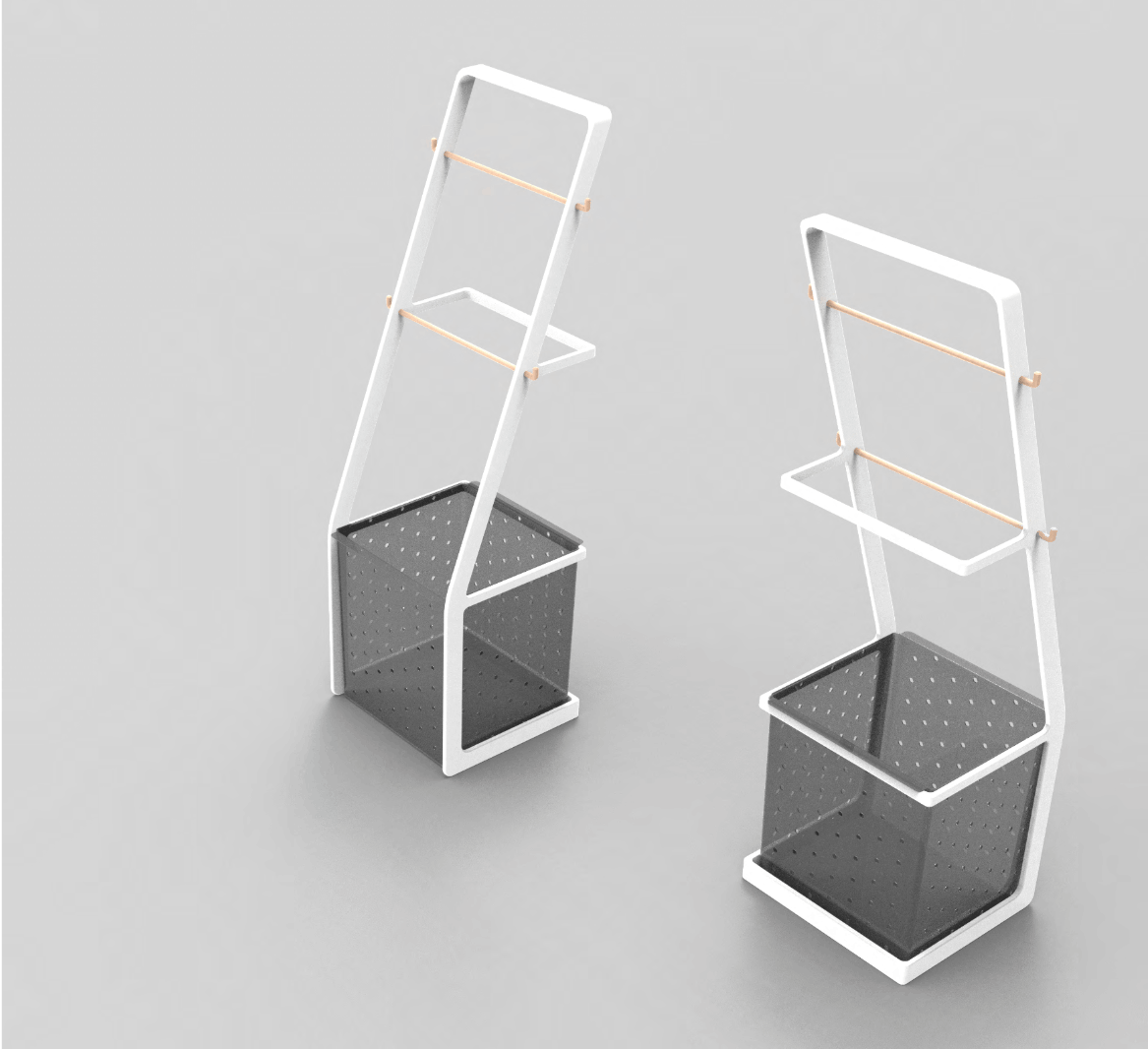 Laundra final render: two white rewear racks with wood rods and translucent perforated hampers
