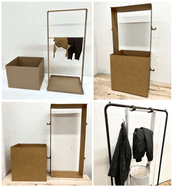 Four early cardboard prototypes: freestanding frame with hamper, side-hook variation, and closet-hung versions