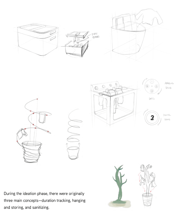 Ideation sketches: hamper concepts, duration-tracking knobs, and hanging structures