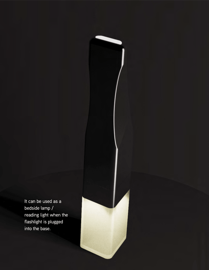 Lumineo docked as a bedside lamp: dark sculpted flashlight body glowing above its translucent base