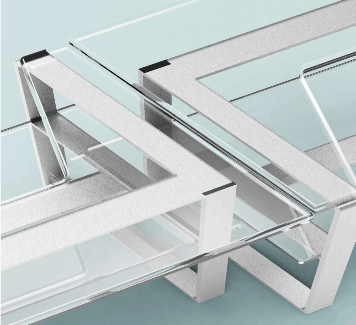 Close-up render of the Mediator modular bench in brushed metal and glass