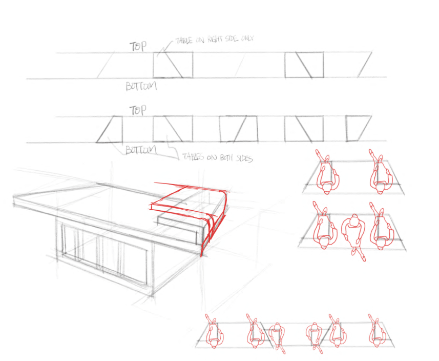 Exploration sketches: module diagrams with table positions and top-view figures at spaced seats