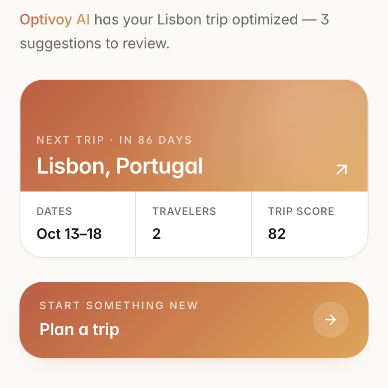 Optivoy trip overview: Lisbon, Portugal next-trip card with dates, travelers, and trip score 82