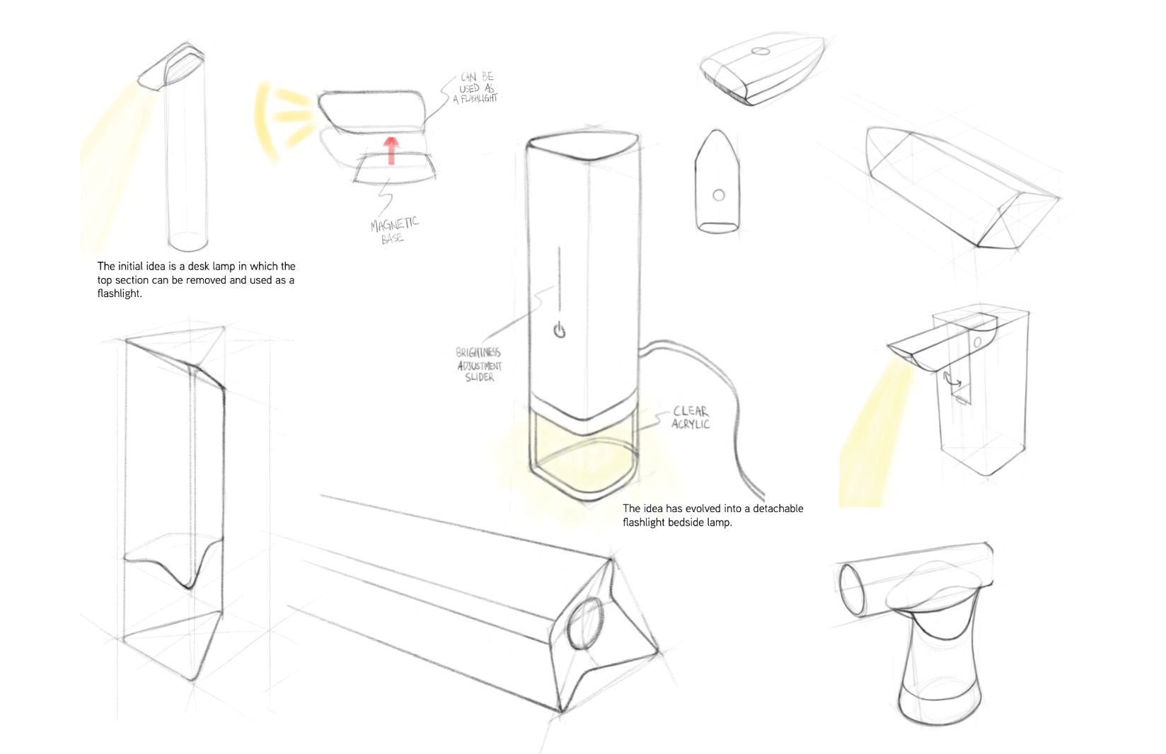 Concept sketches: from removable-top desk lamp to a detachable triangular flashlight bedside lamp with magnetic base