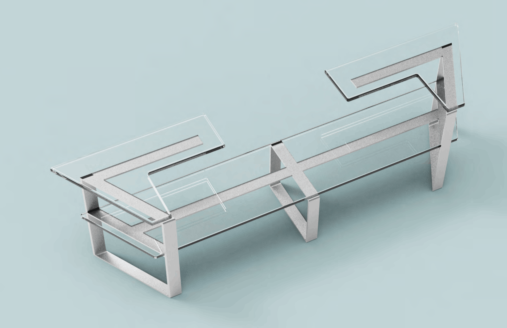 Final Mediator bench render: mirrored glass seats on brushed metal Z-frames against an icy blue background