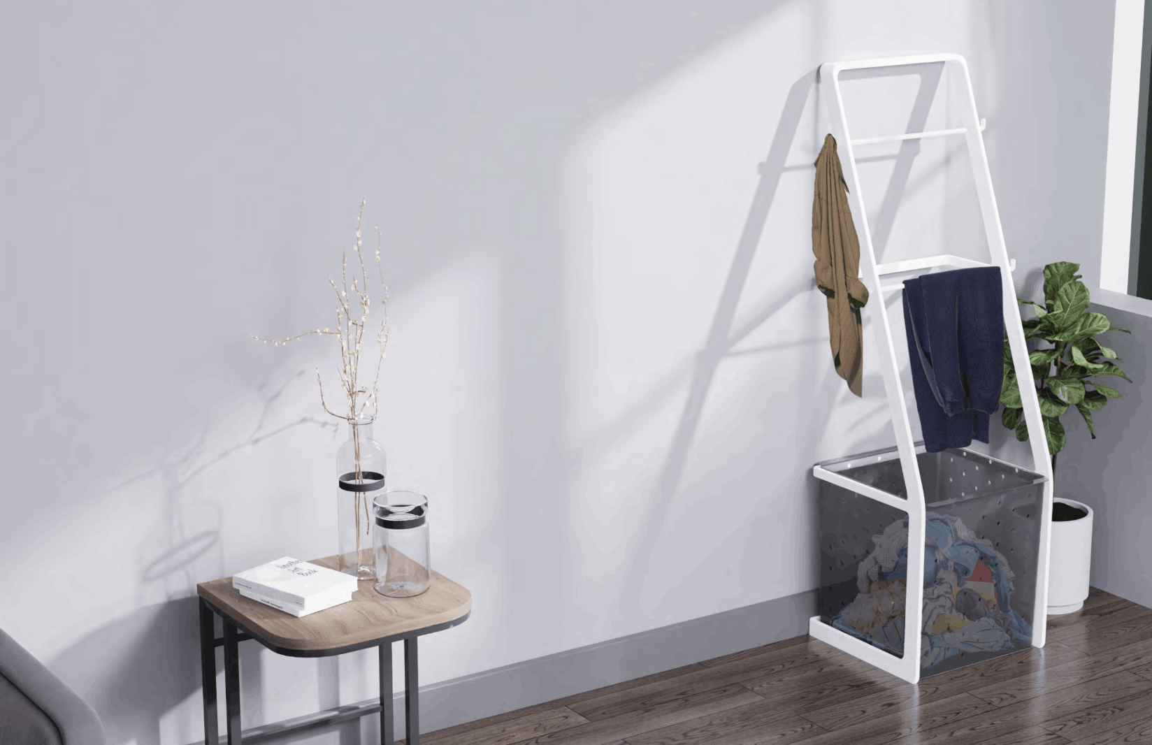 Laundra lifestyle render: white rewear rack with hanging clothes and translucent hamper beside a side table