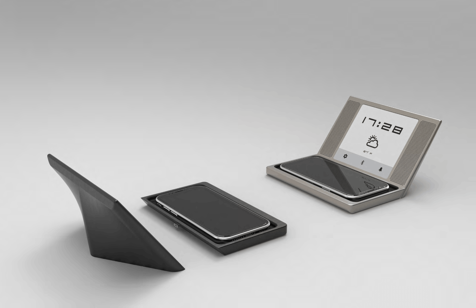 Consumer-electronics concept: phone dock with fold-open display showing time and weather