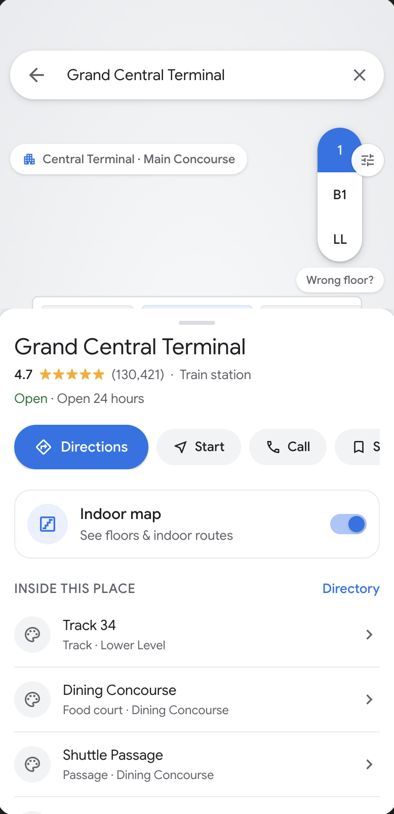 Grand Central Terminal place page with an Indoor map toggle, named levels, and Track 34 in the destination list
