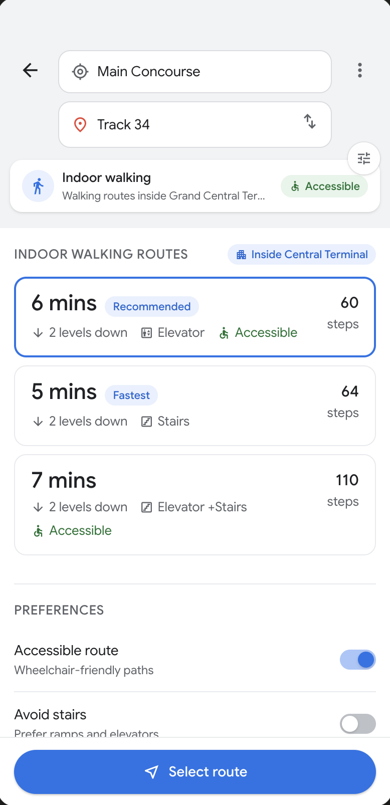 Main Concourse to Track 34 route selection: 6 min recommended, 2 levels down, elevator, accessible, 60 steps