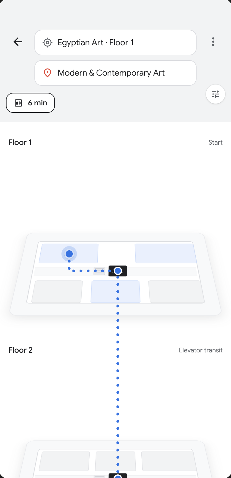 Route preview, lower portion: Floor 1 start point with the route beginning, and Floor 2 shown as an elevator transit level