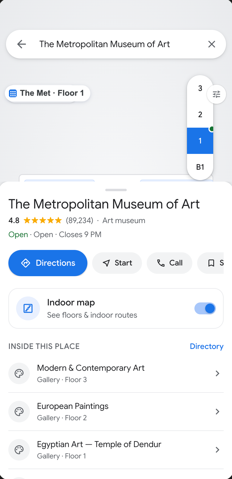 The Met place page: floor selector, Indoor map toggle, and an Inside this place destination list