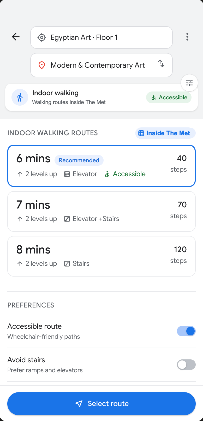 Final Met Museum indoor route selection: 6 min recommended route, 2 levels up, elevator, accessible, 40 steps
