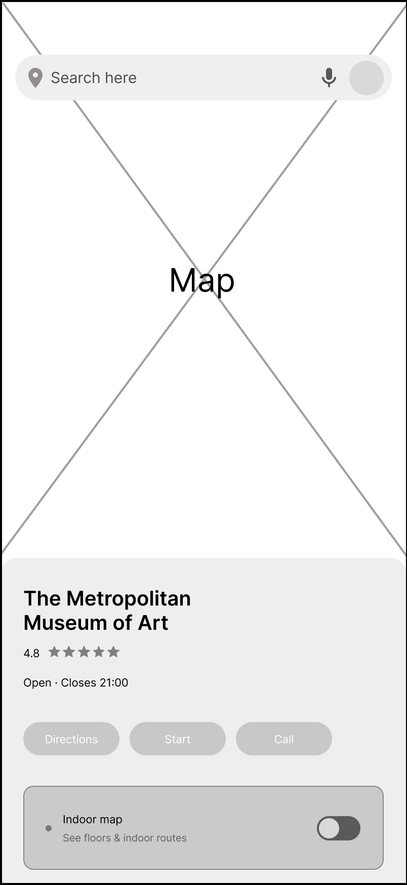 Low-fidelity wireframe: place page with an Indoor map toggle
