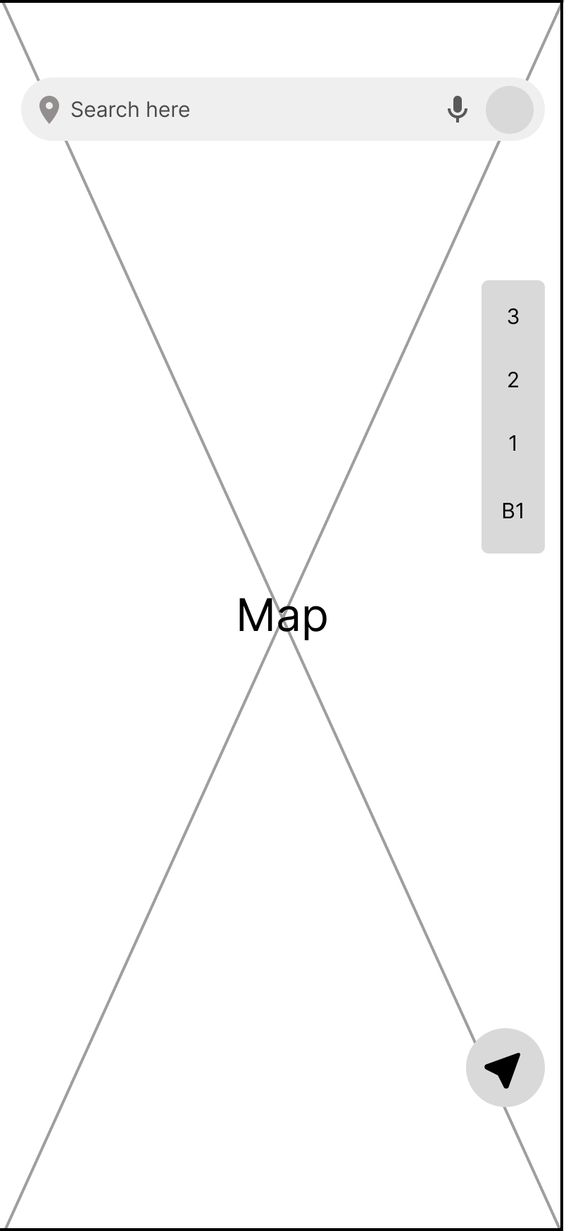 Low-fidelity wireframe: floor selector attached to the map