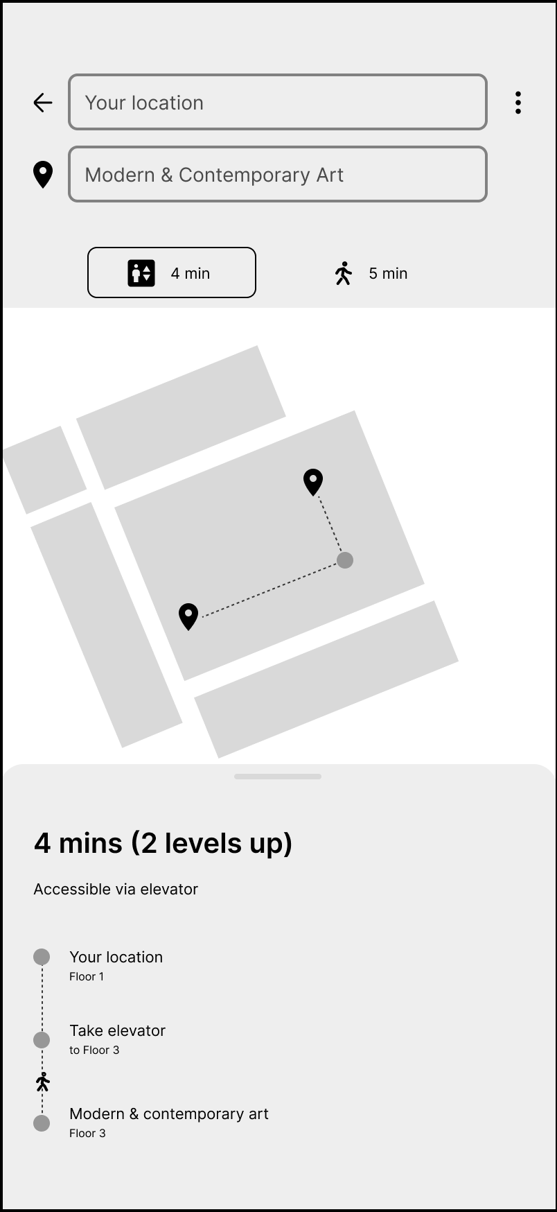 Low-fidelity wireframe: route details kept on the map with a bottom sheet