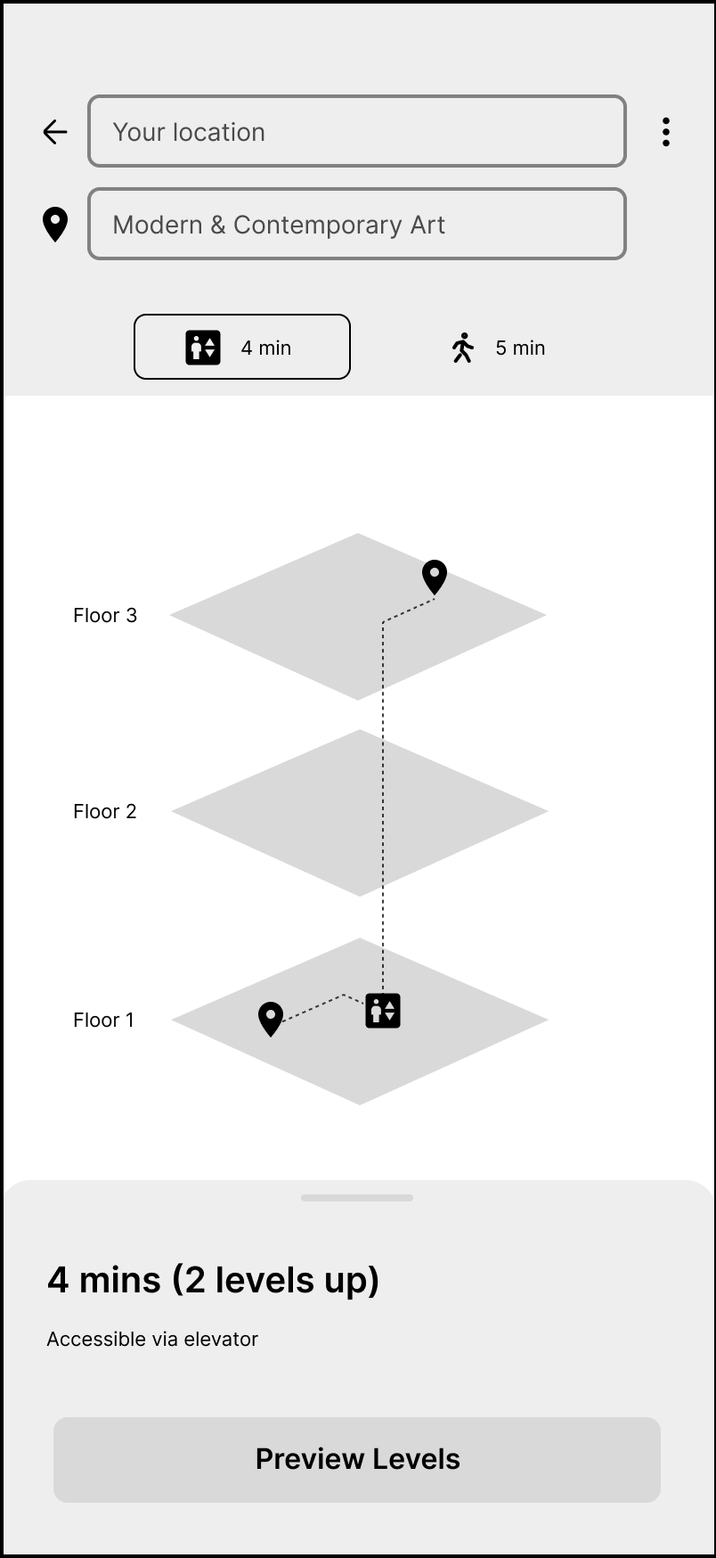 Low-fidelity wireframe: exploded-floor preview of how floors connect