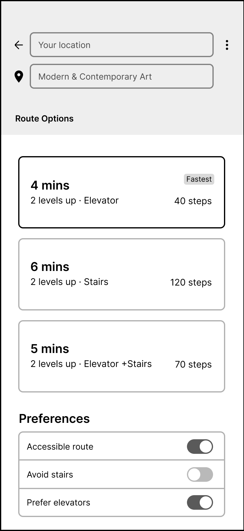 Low-fidelity wireframe: comparing vertical route options with preferences
