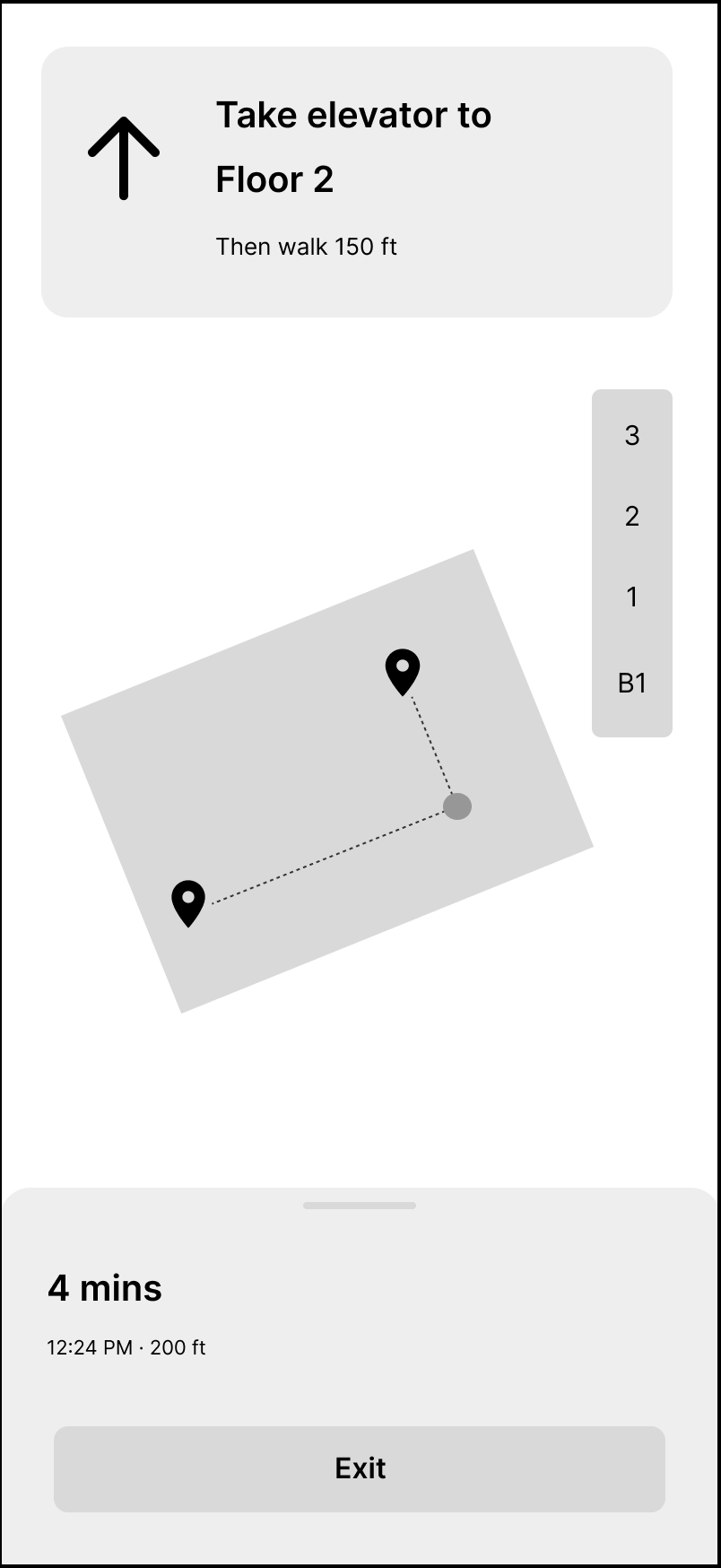 Low-fidelity wireframe: guiding an elevator transition during navigation