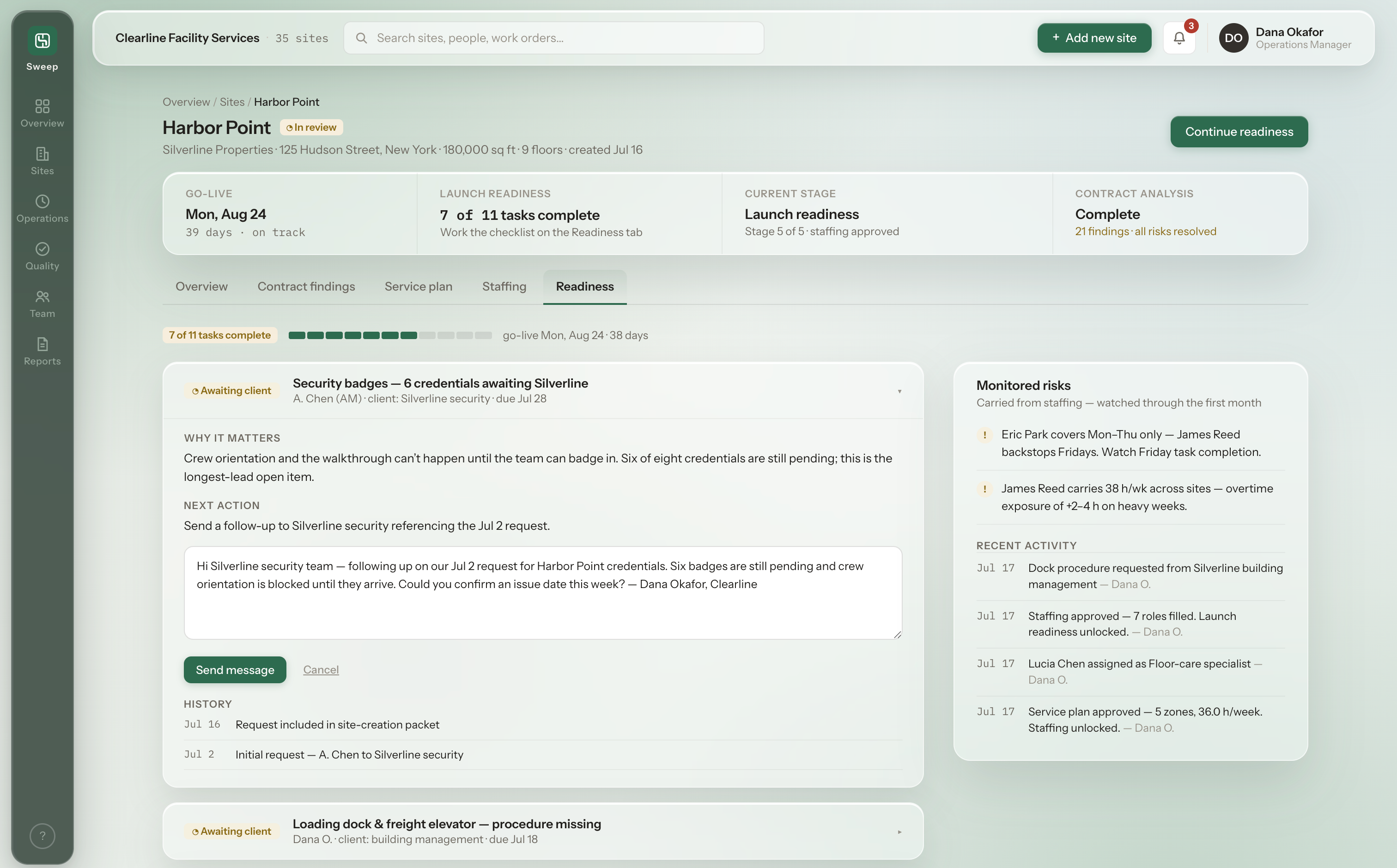 Sweep Readiness task expanded: a security-badges task showing a Why it matters explanation, a Next action, a pre-drafted follow-up message to the client with a Send message button, and a history of prior requests