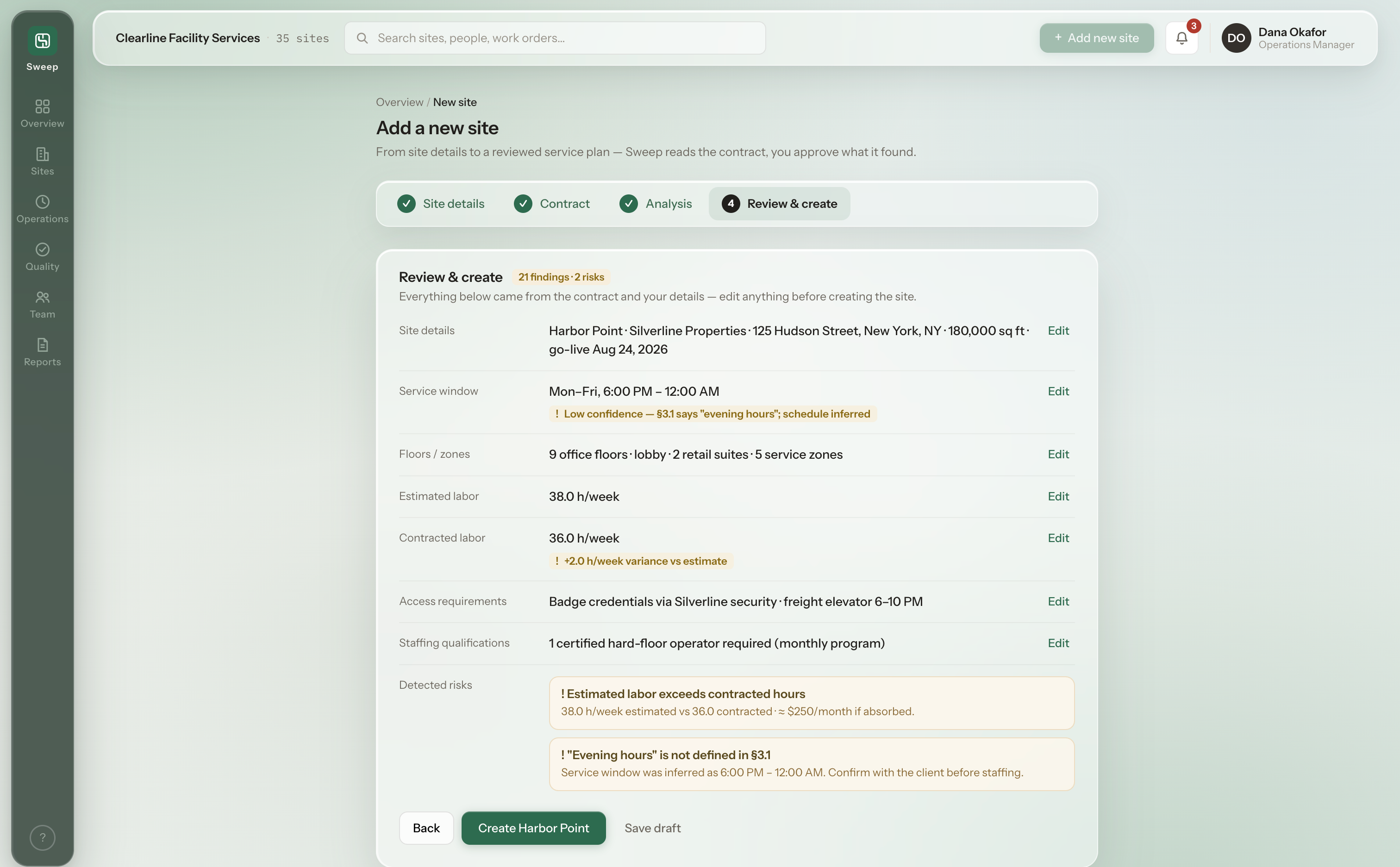 Sweep Review and create step: extracted site details, service window, labor, access and staffing findings with low-confidence flags and two detected risks