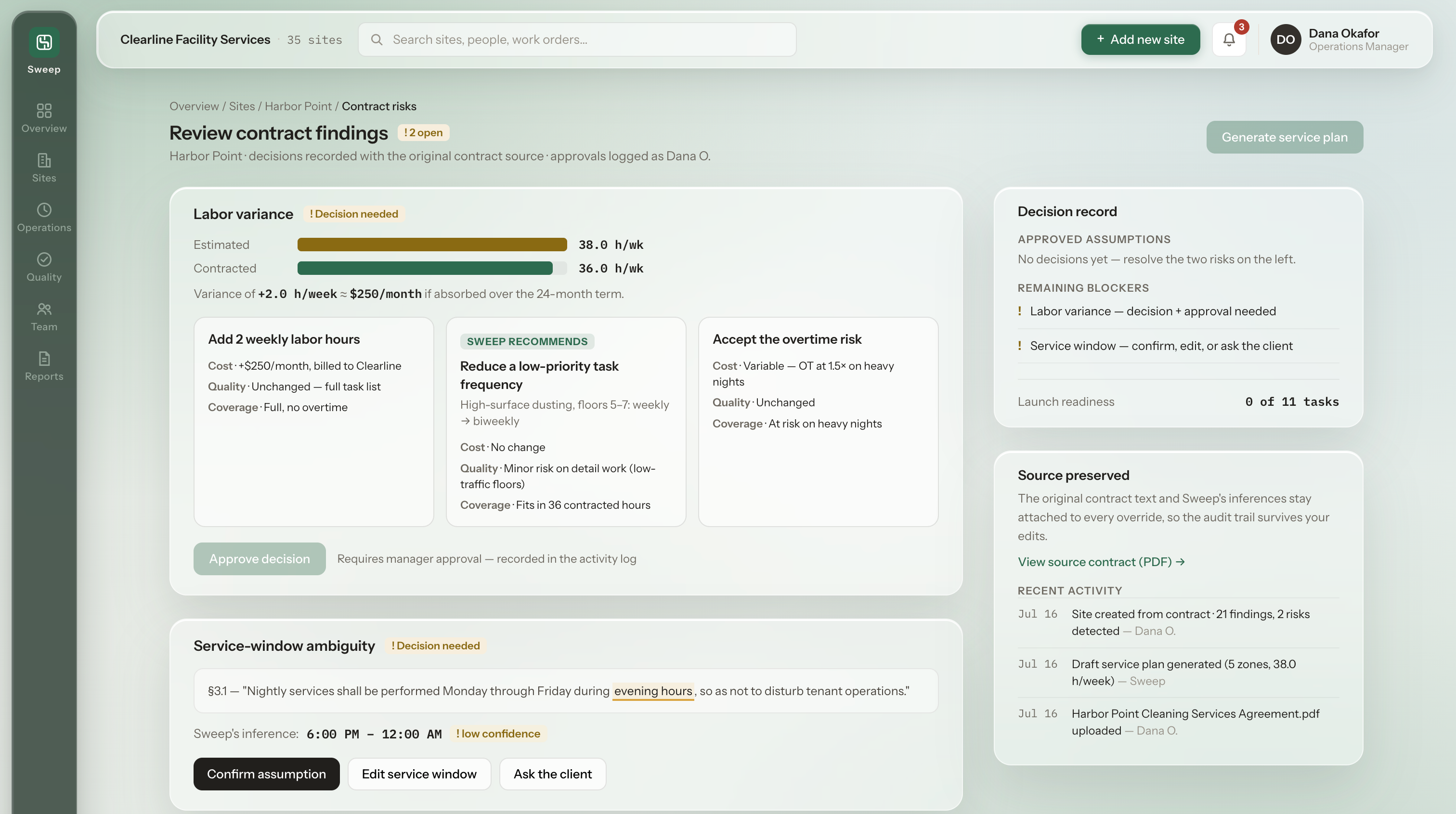 Sweep Review contract findings, unresolved: a labor-variance decision showing estimated 38 versus contracted 36 hours with three trade-off options — add hours, the Sweep-recommended reduce-frequency option, and accept overtime — plus a service-window ambiguity decision and a decision-record panel listing remaining blockers
