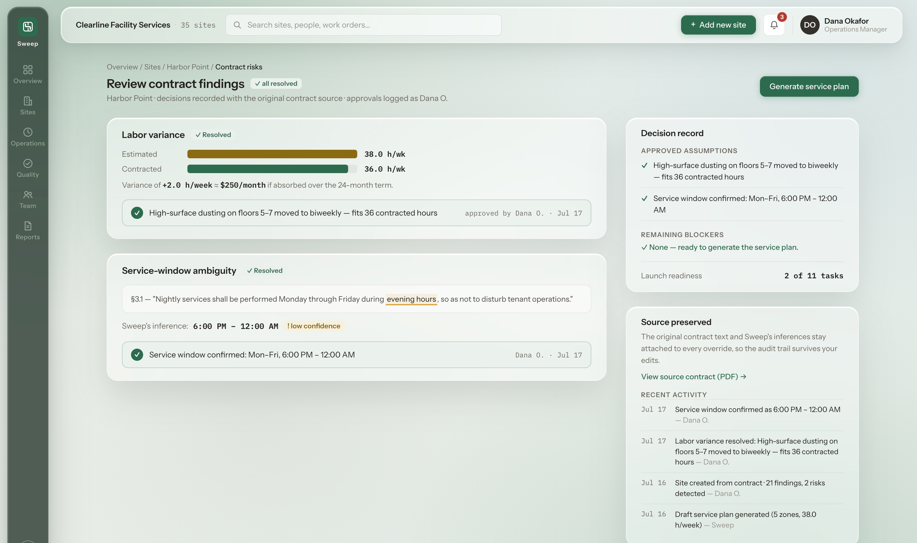 Sweep Review contract findings, all resolved: labor variance and service-window ambiguity both marked resolved with approver and date, and a decision record listing approved assumptions and no remaining blockers, ready to generate the service plan