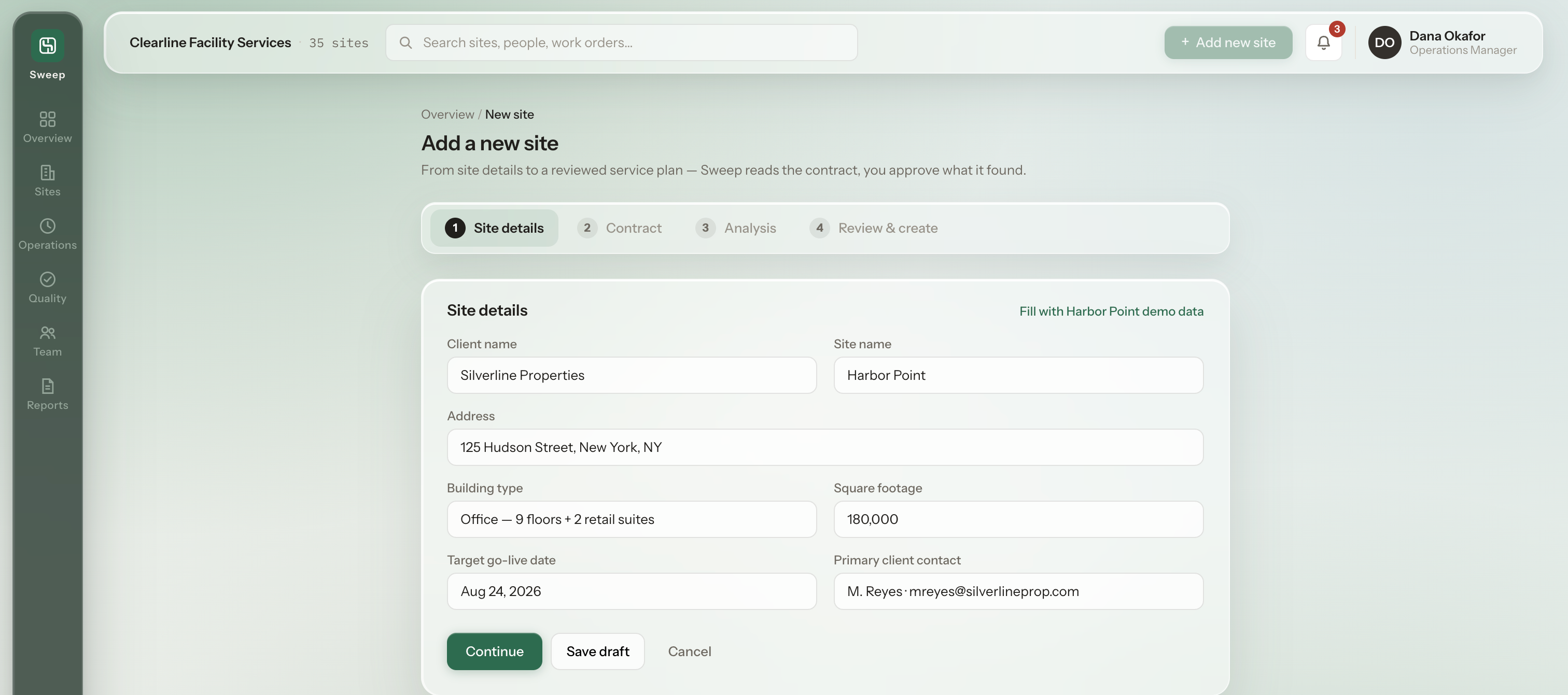Sweep Add a new site, step 1 of 4: a Site details form with client name, site name, address, building type, square footage, target go-live date and contact, plus Continue, Save draft and Cancel actions