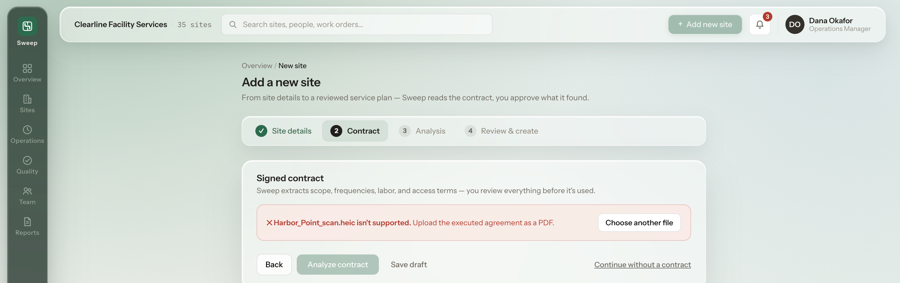 Sweep contract step: an unsupported-file banner explaining a .heic scan is not supported and asking for the executed agreement as a PDF, with a Choose another file button