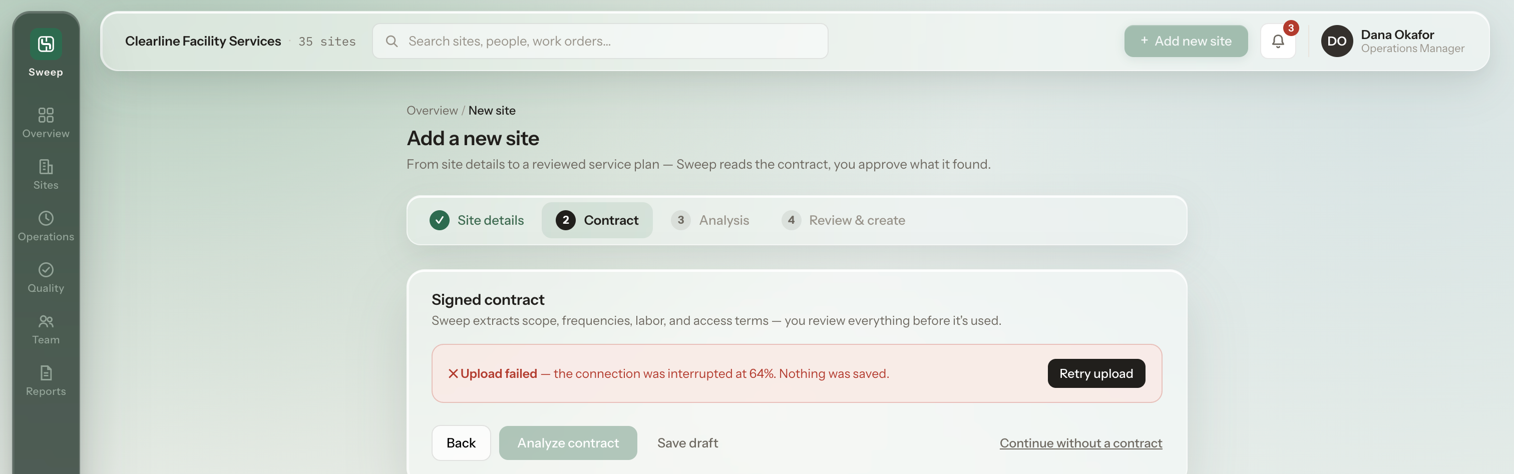 Sweep contract step: an upload-failed banner reading the connection was interrupted at 64 percent, nothing was saved, with a Retry upload button