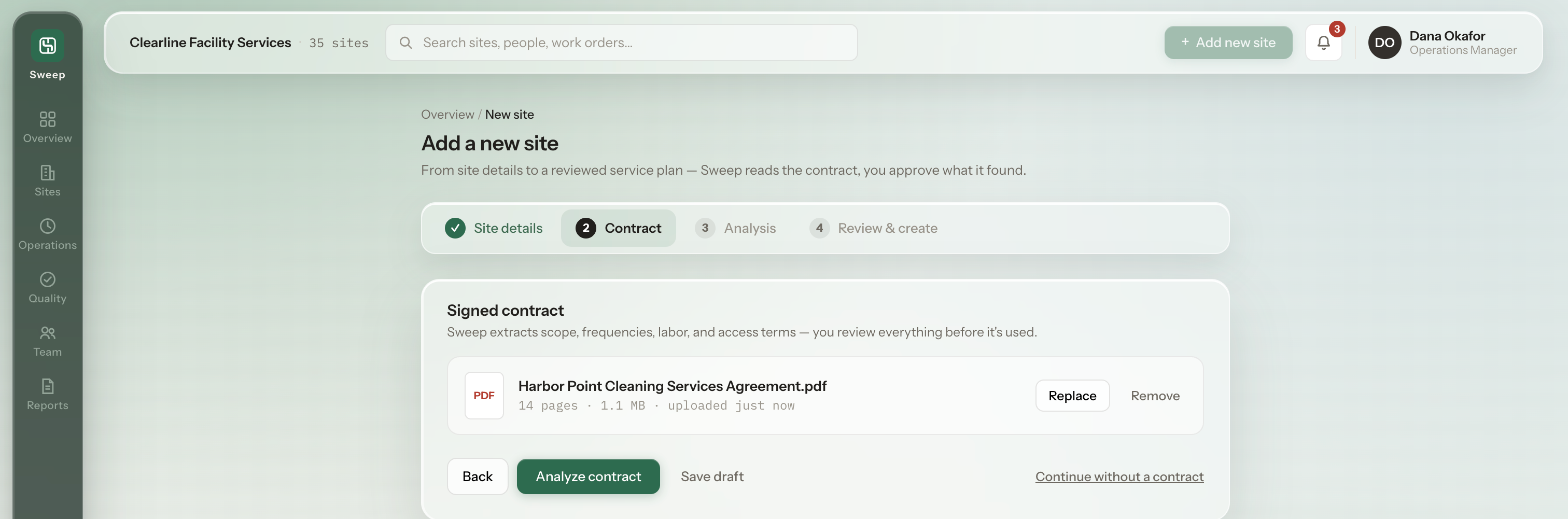 Sweep contract step: a successfully uploaded PDF named Harbor Point Cleaning Services Agreement, 14 pages, 1.1 MB, with Replace and Remove options and an enabled Analyze contract button