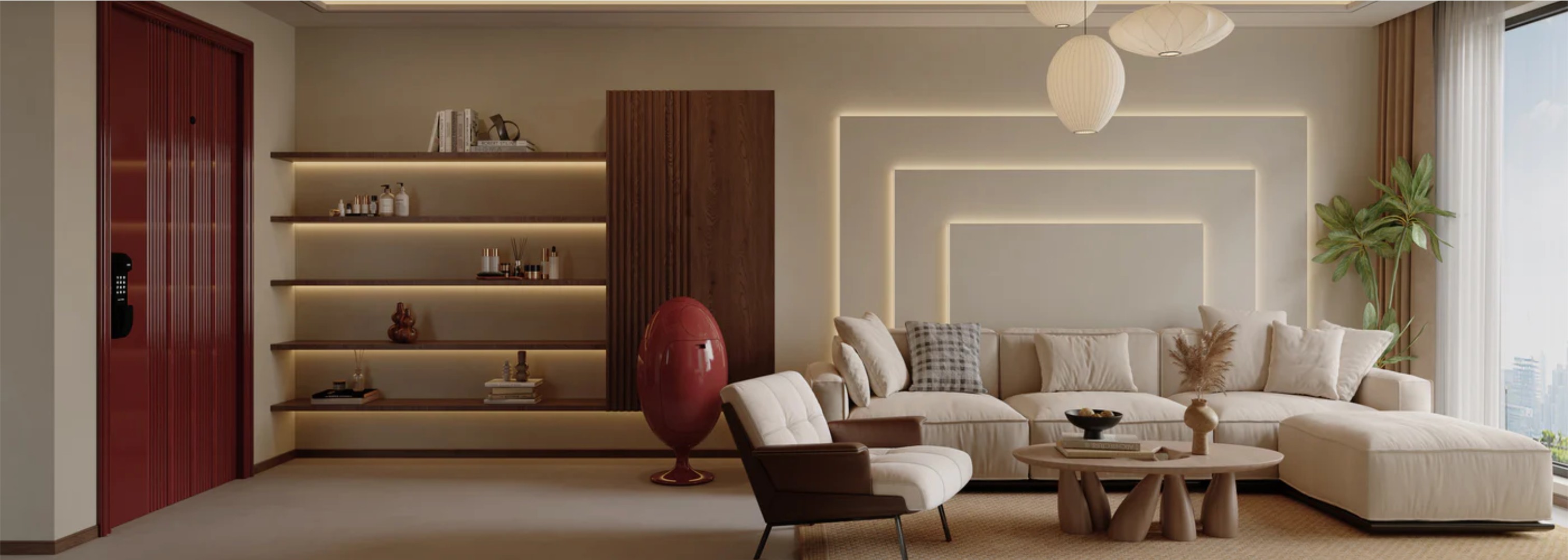 21 Urban interior: cream sectional sofa, illuminated wall panels, and backlit shelving