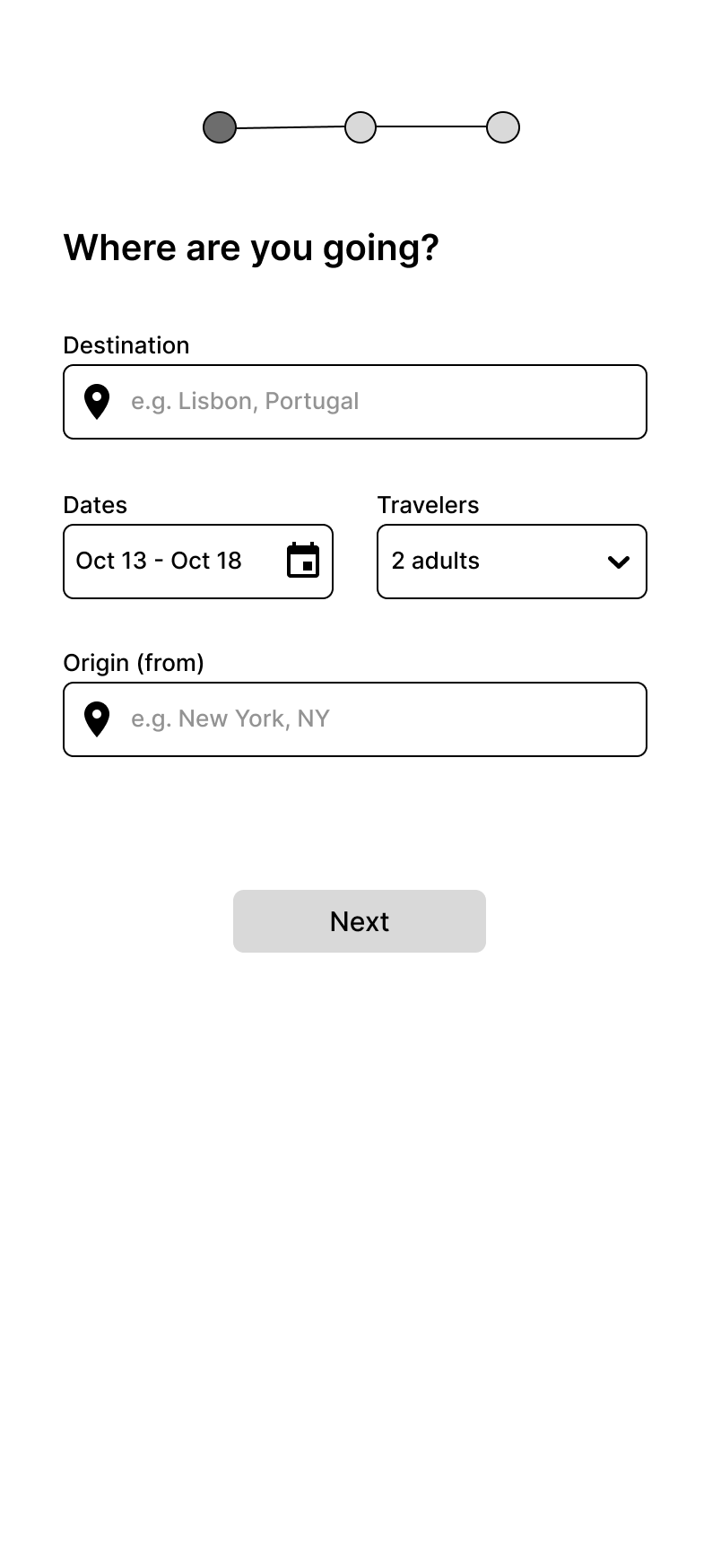 Low-fidelity wireframe: trip setup with destination, dates, travelers and origin fields