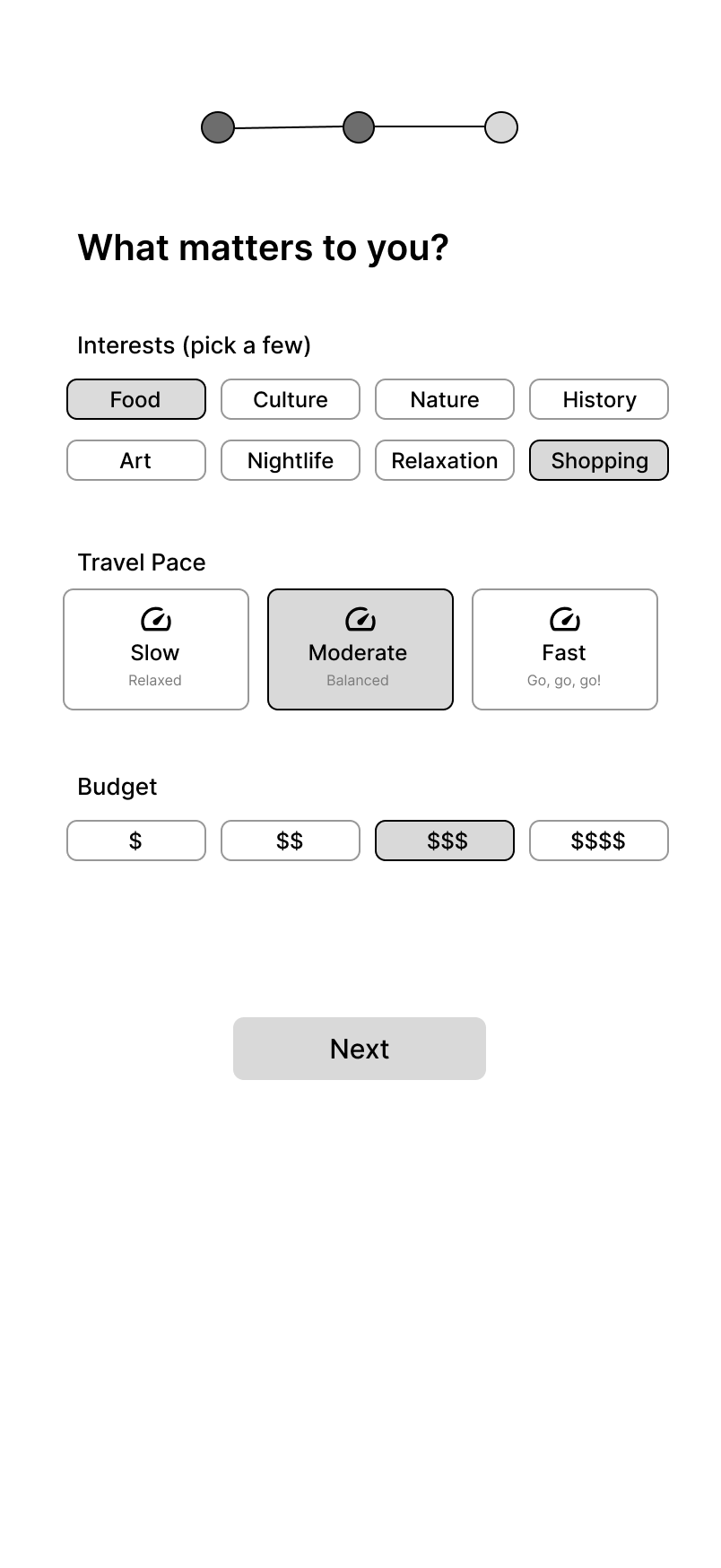 Low-fidelity wireframe: interests, travel pace and budget selection