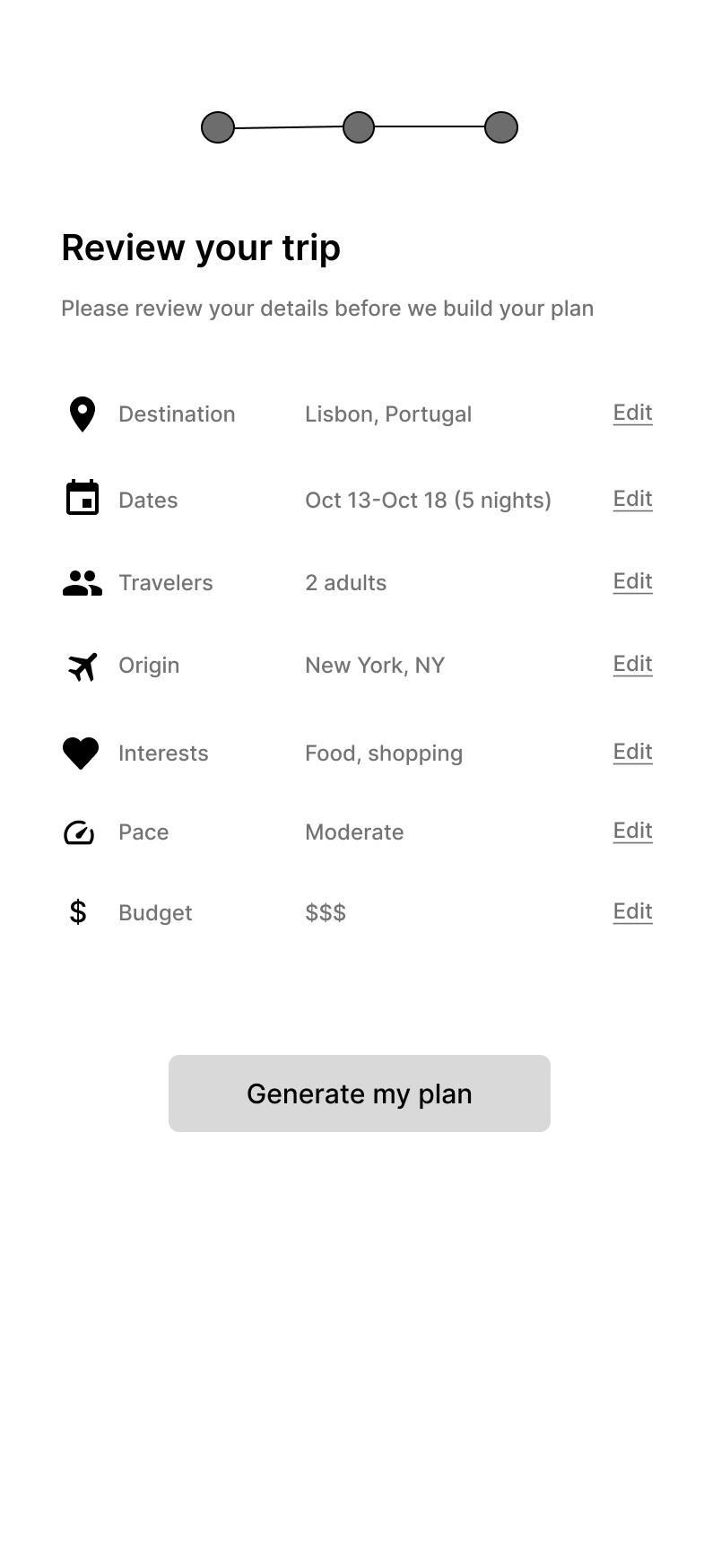 Low-fidelity wireframe: review screen listing every input with edit links before generation
