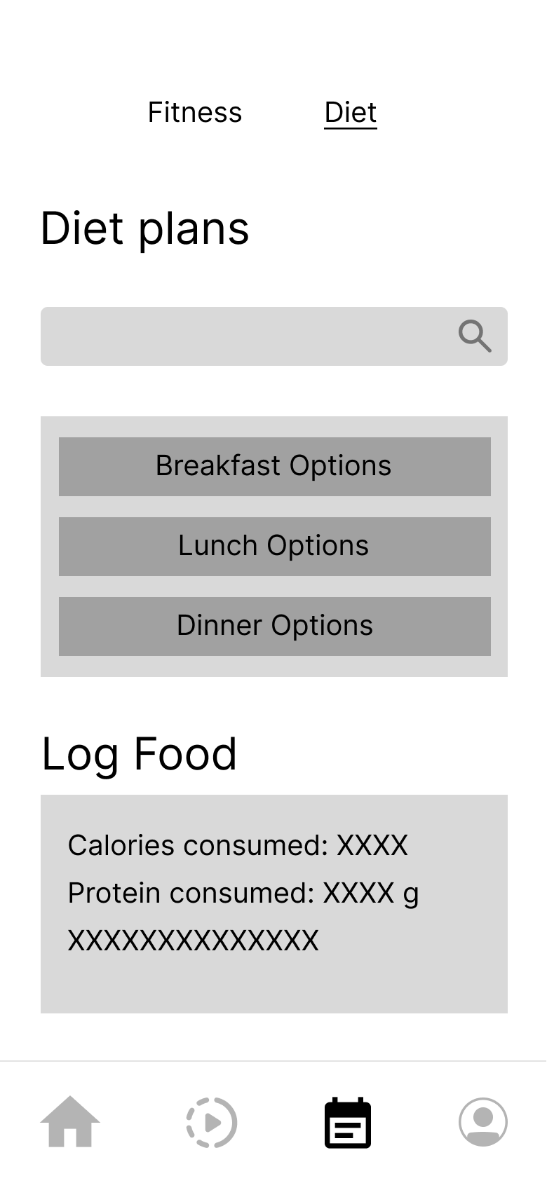 Low-fidelity wireframe: diet tab with meal-option buttons and a food log card